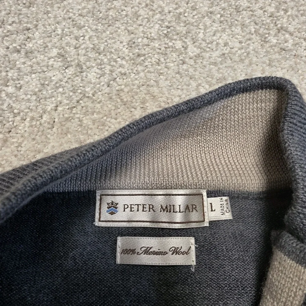 Peter Millar Mens L 100% Merino Wool Quarter Zip Sweater Gray Pullover Preppy